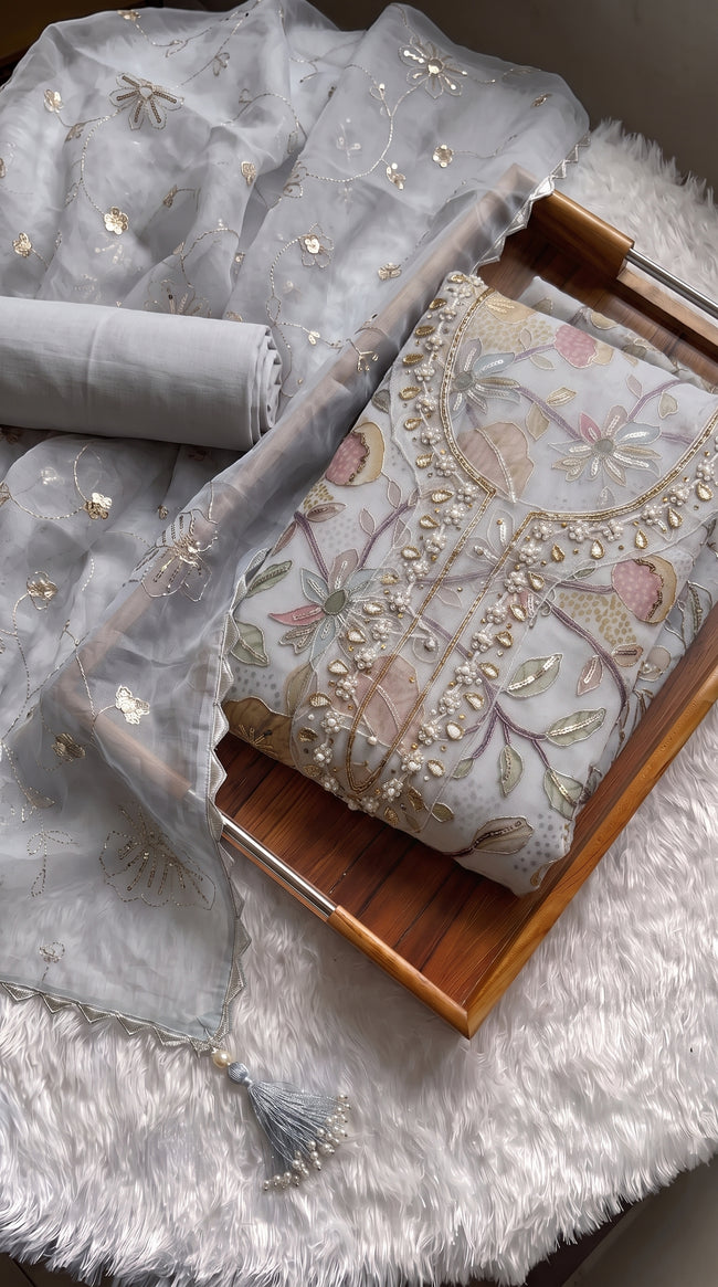 Beige Viscose Handwork Unstitched Suit Set