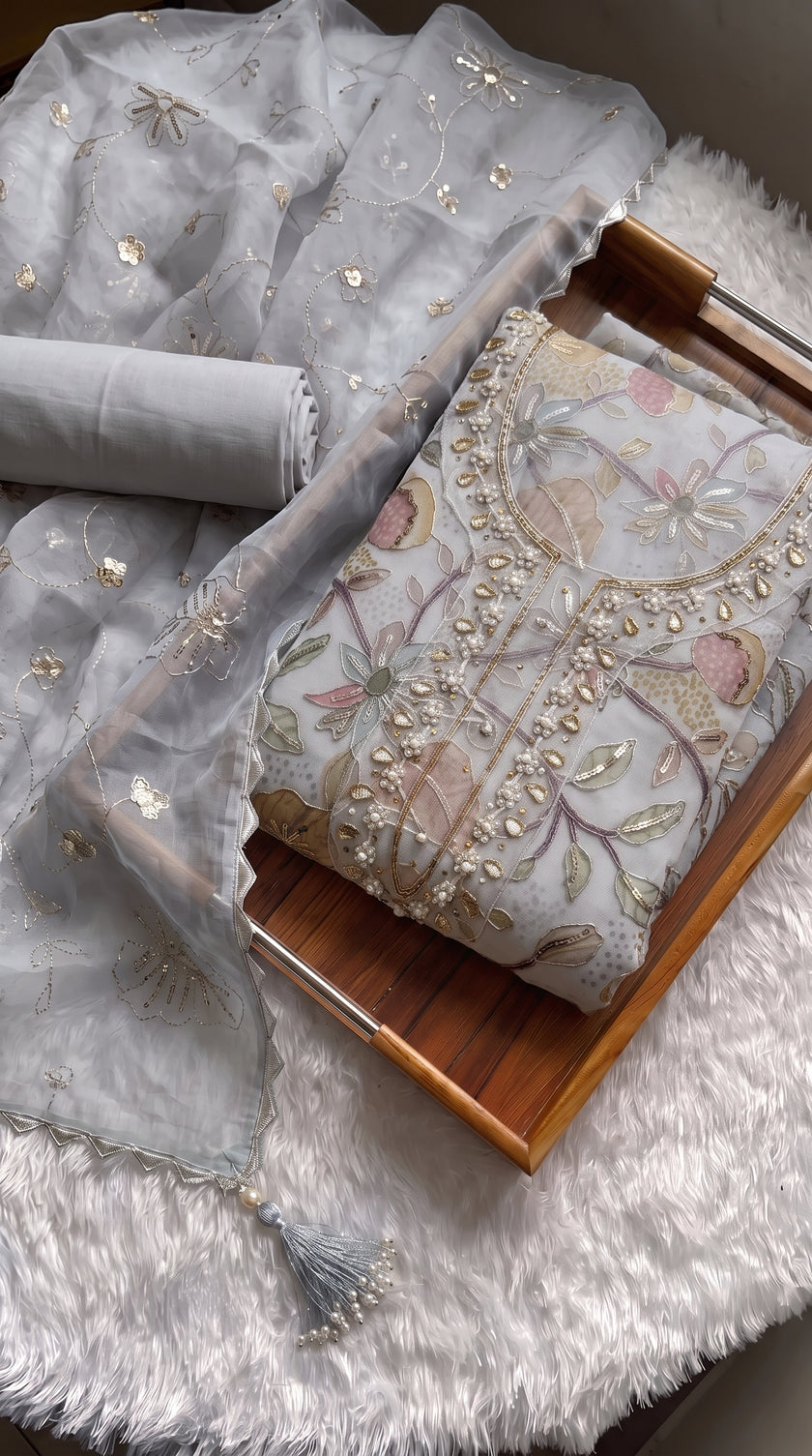 Beige Viscose Handwork Unstitched Suit Set