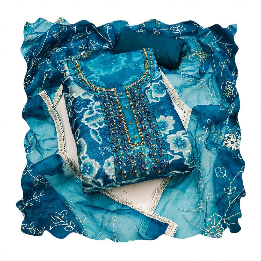 Blue Organza Unstitched Suit Set