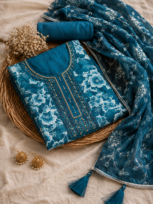 Blue Organza Unstitched Suit Set