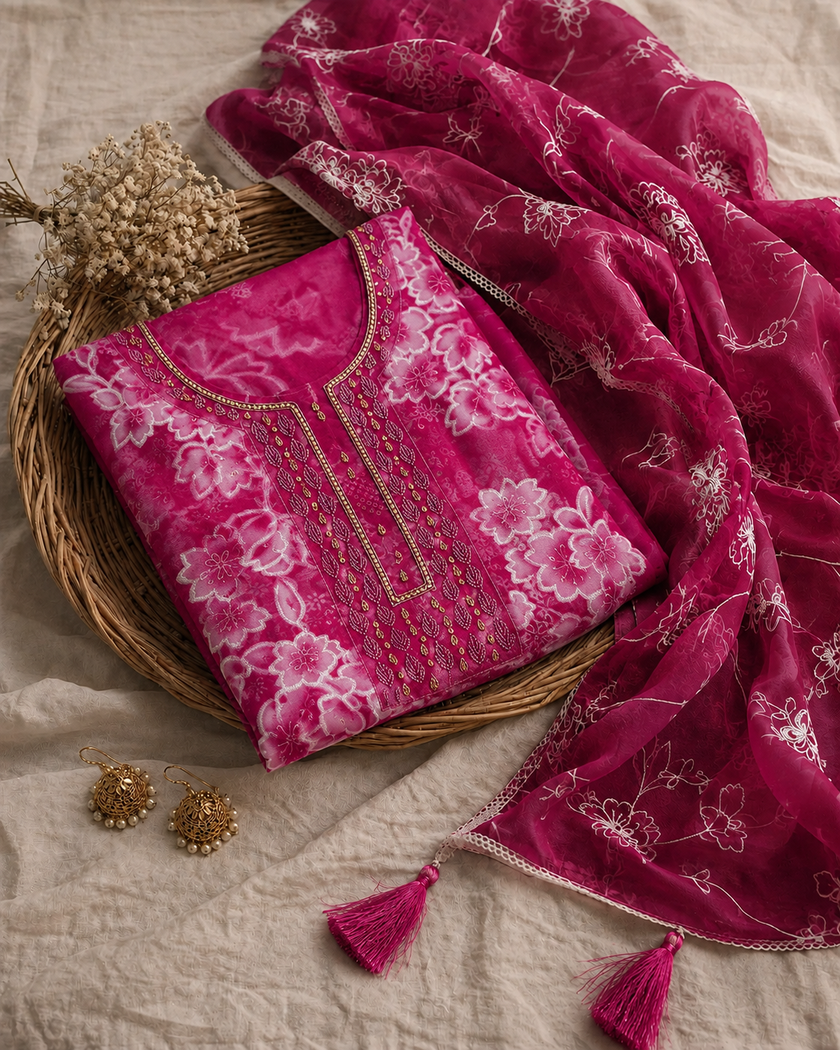 Rani Pink Organza Unstitched Suit Set