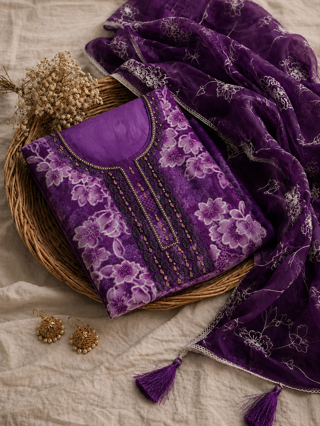 Purple Organza Unstitched Suit Set