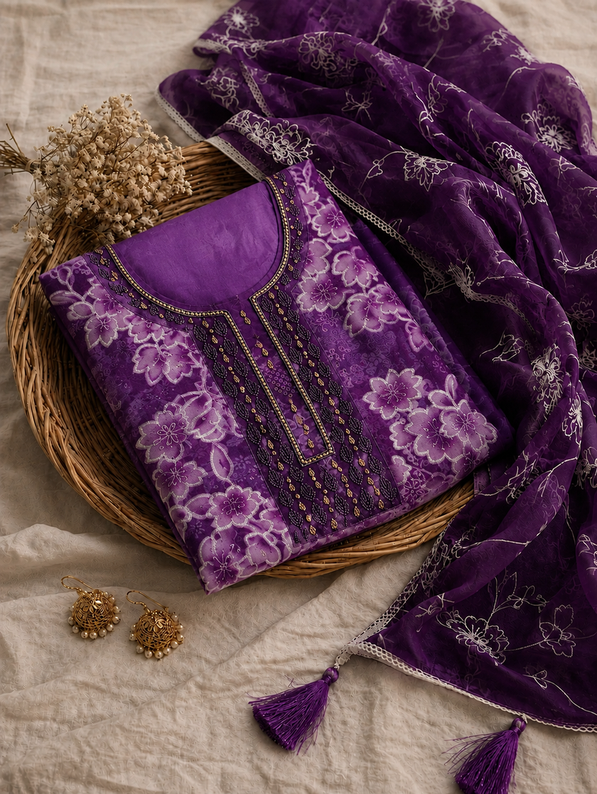 Purple Organza Unstitched Suit Set