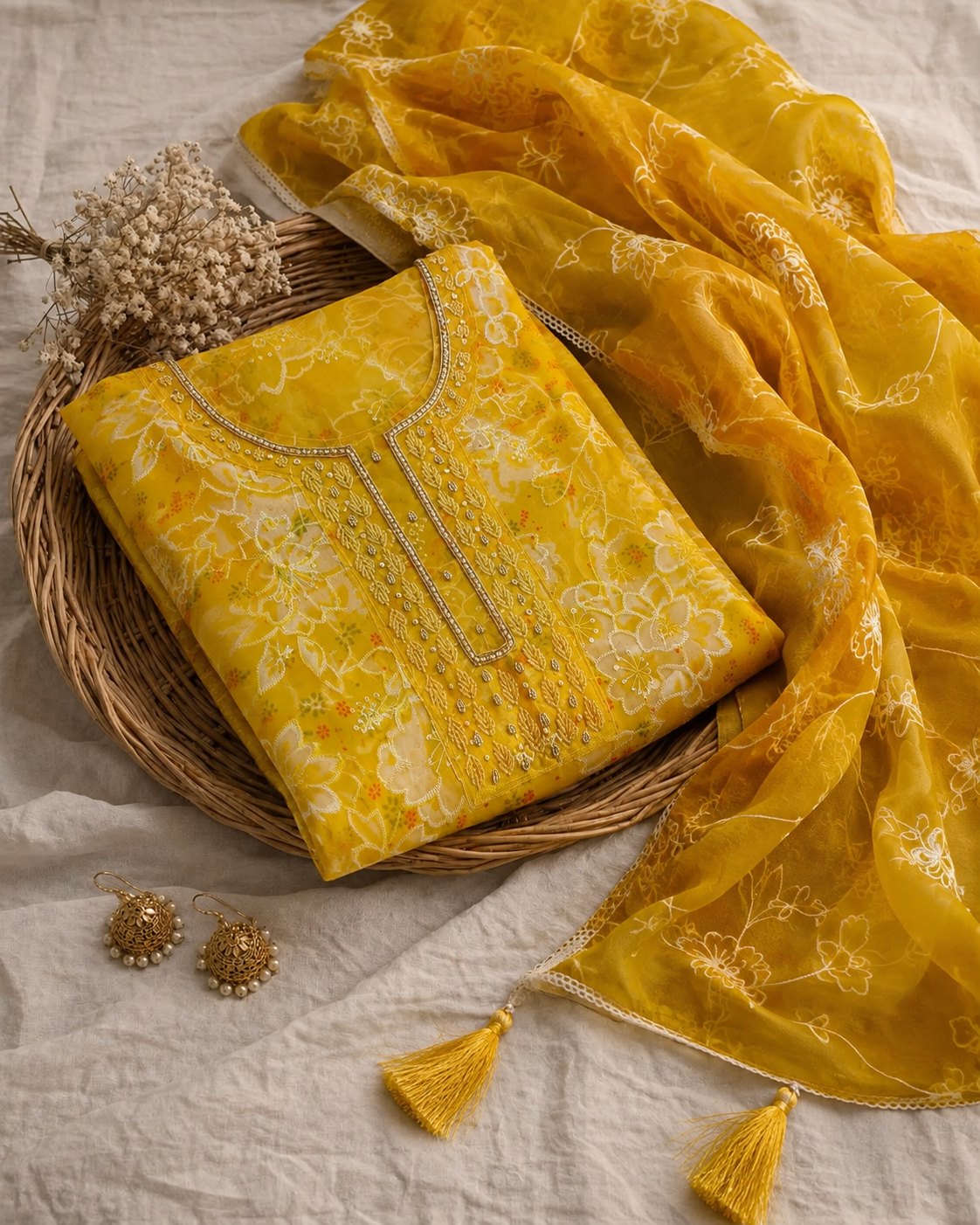 Yellow Organza Unstitched Suit Set