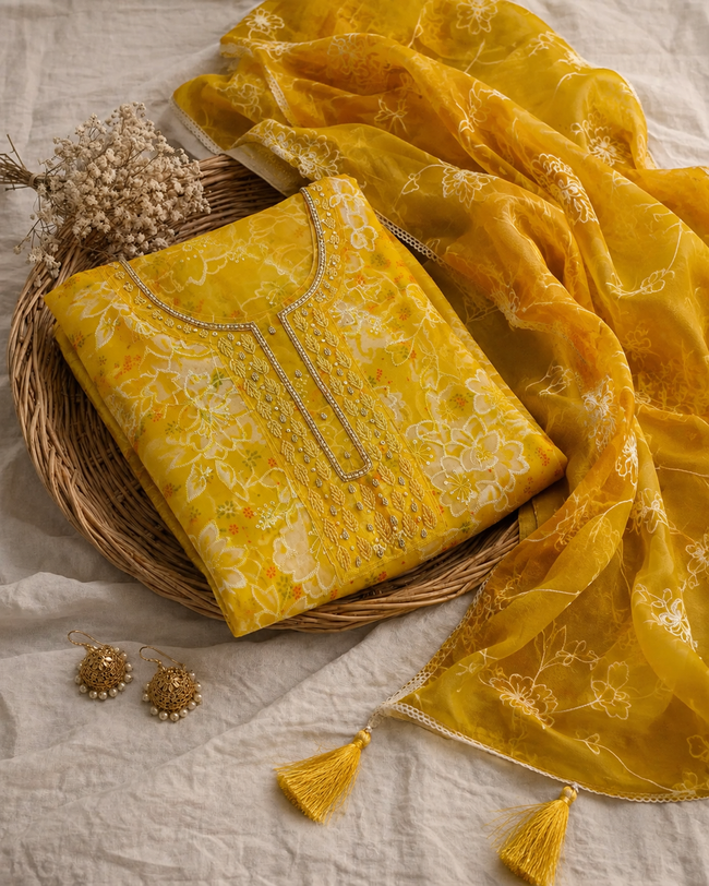 Yellow Organza Unstitched Suit Set