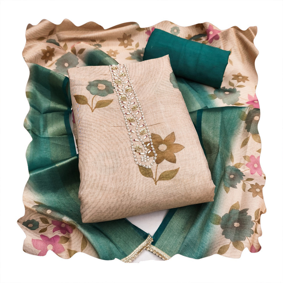 Blue - Beige Floral Cotton Silk Unstitched Suit Set