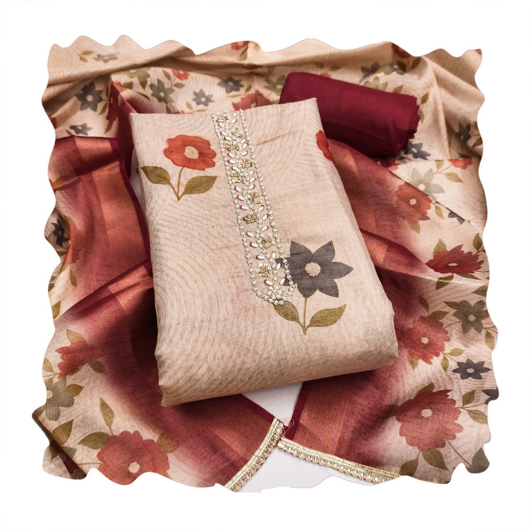Maroon - Beige Floral Cotton Silk Unstitched Suit Set