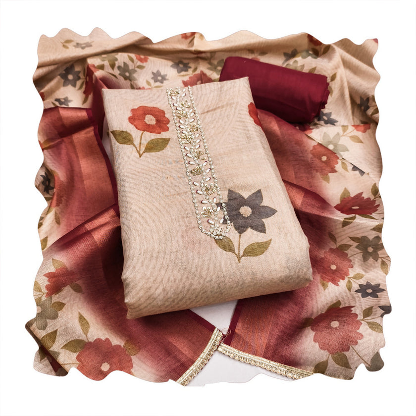 Maroon - Beige Floral Cotton Silk Unstitched Suit Set