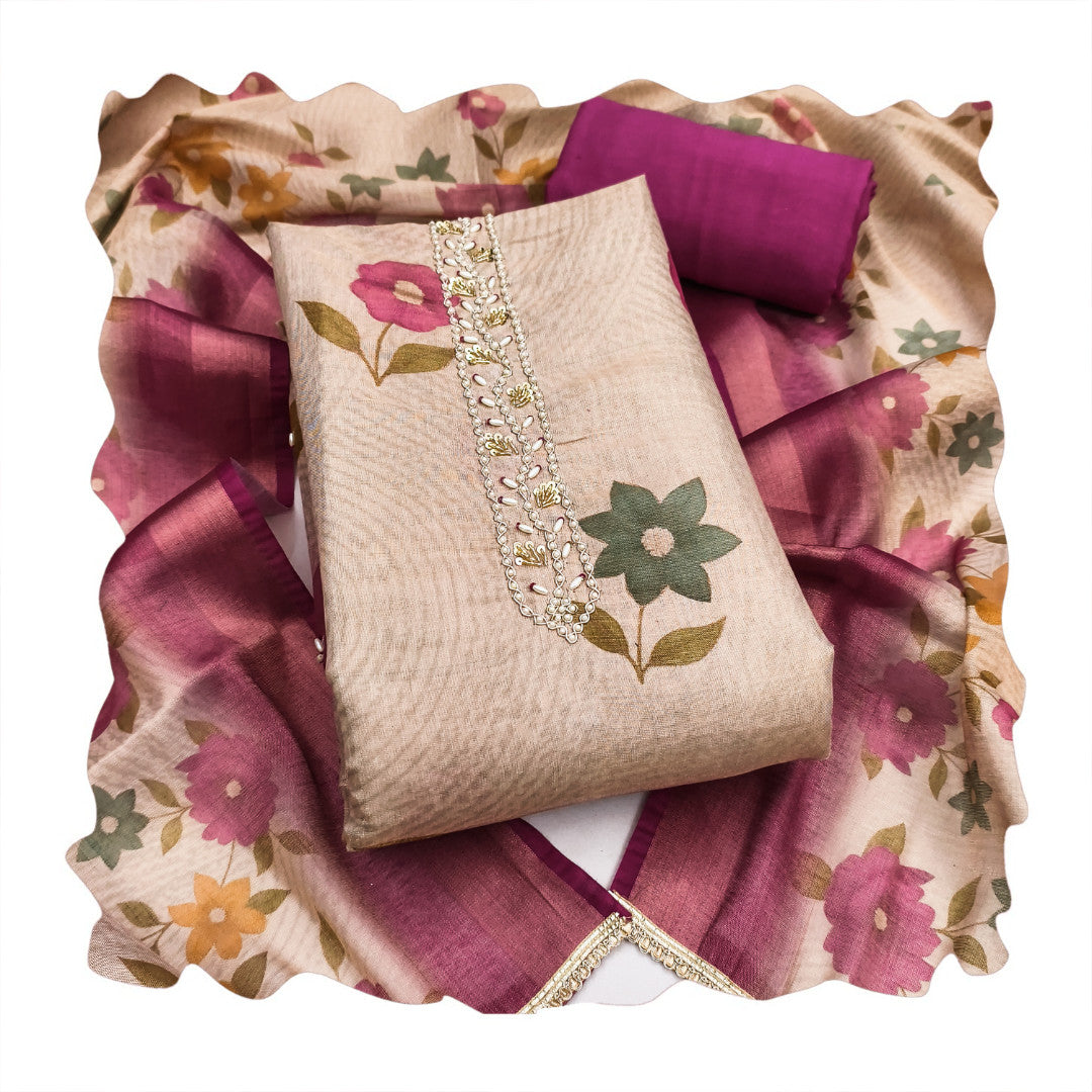 Pink - Beige Floral Cotton Silk Unstitched Suit Set