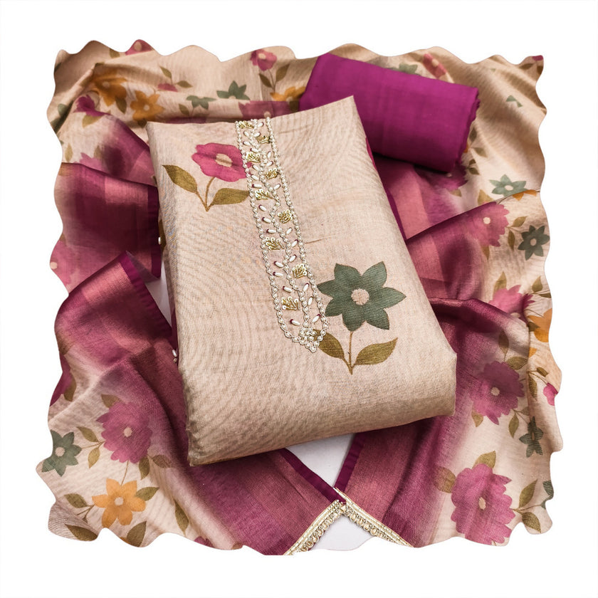 Pink - Beige Floral Cotton Silk Unstitched Suit Set