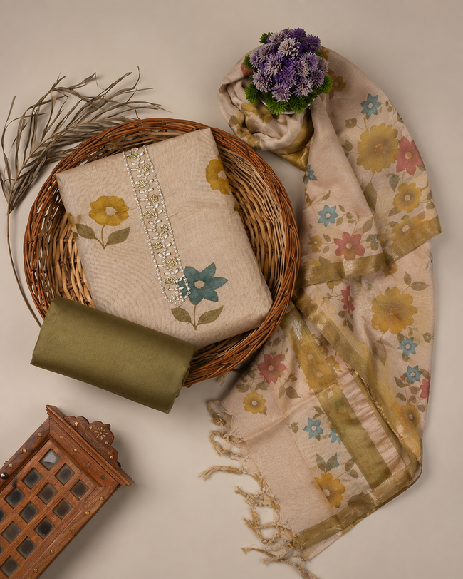 Mustard - Beige Floral Cotton Silk Unstitched Suit Set