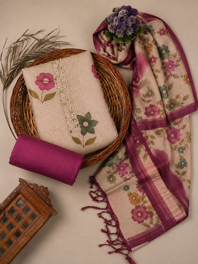 Pink - Beige Floral Cotton Silk Unstitched Suit Set