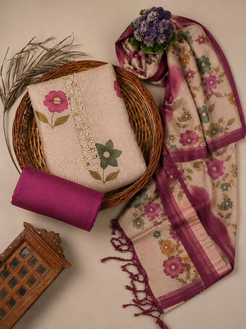 Pink - Beige Floral Cotton Silk Unstitched Suit Set