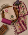 Pink - Beige Floral Cotton Silk Unstitched Suit Set
