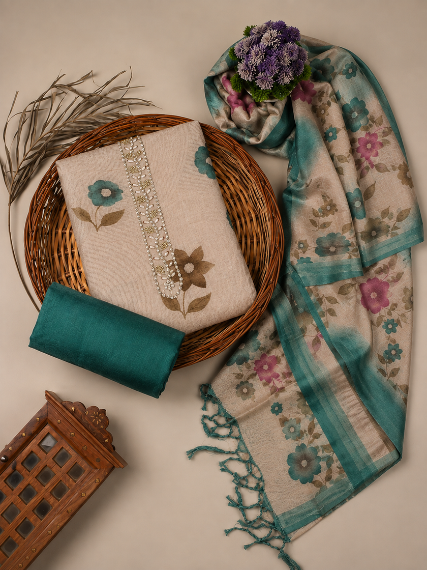 Blue - Beige Floral Cotton Silk Unstitched Suit Set