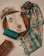 Blue - Beige Floral Cotton Silk Unstitched Suit Set