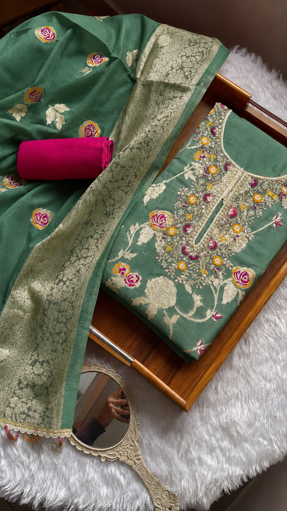 Royal Green Silk Unstitched Suit Set