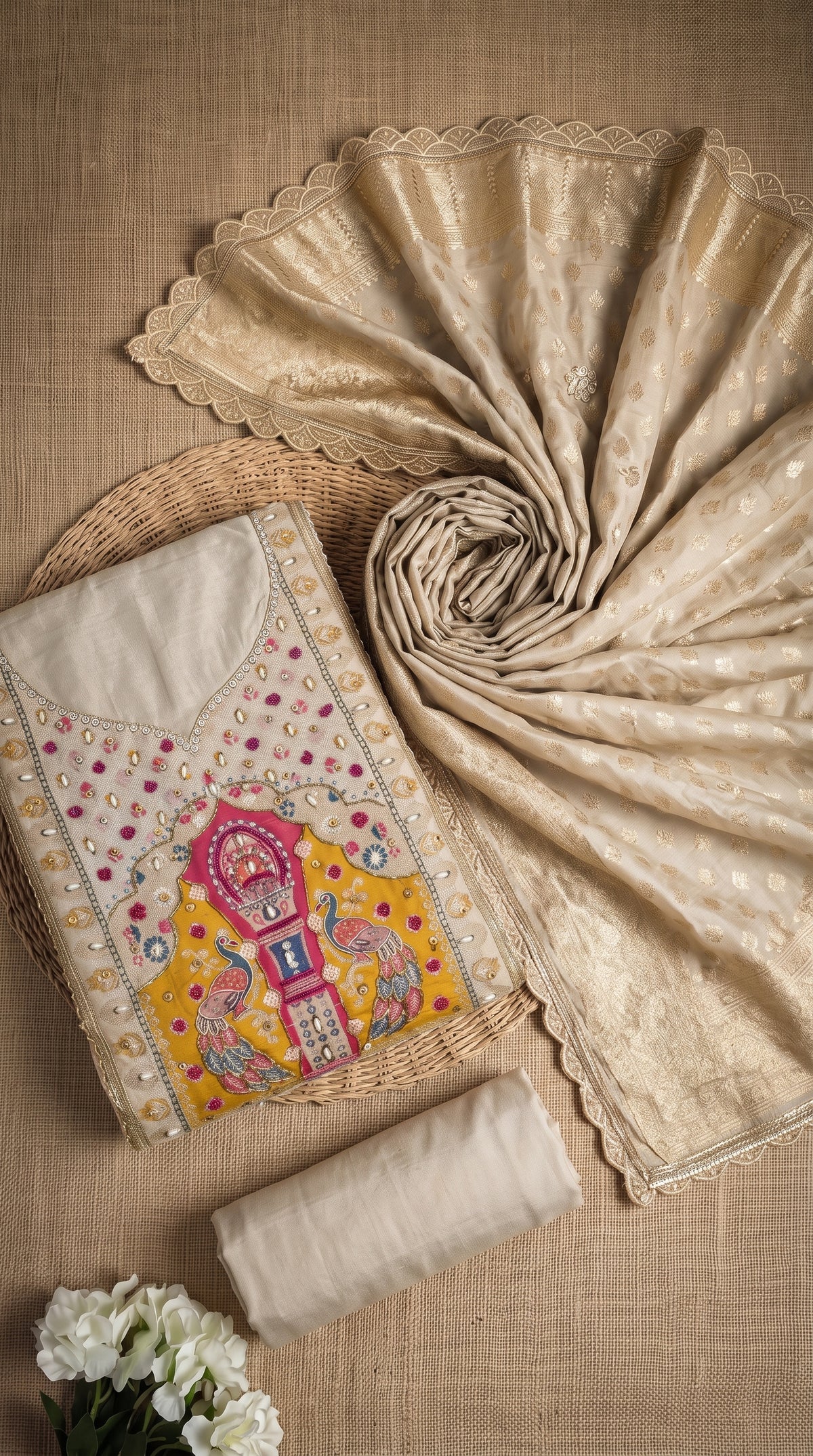 Off White Cotton Silk Unstitched Suit set
