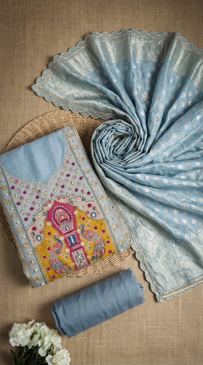 Sea Blue Cotton Silk Unstitched Suit set
