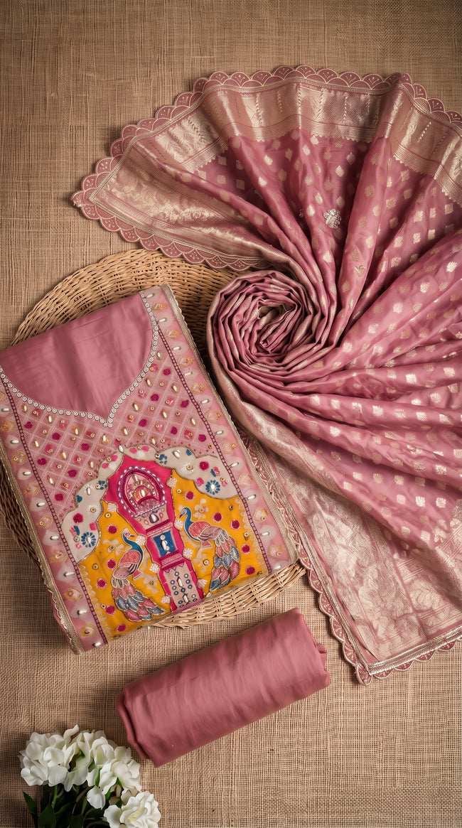Pink Cotton Silk Unstitched Suit set