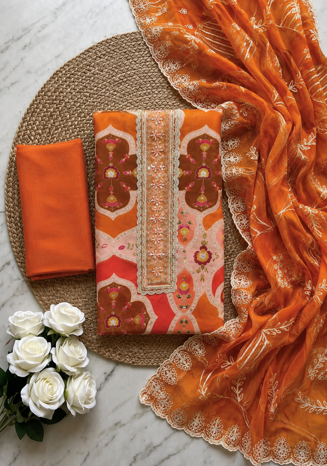 Orange Viscose Silk Unstitched Suit Set
