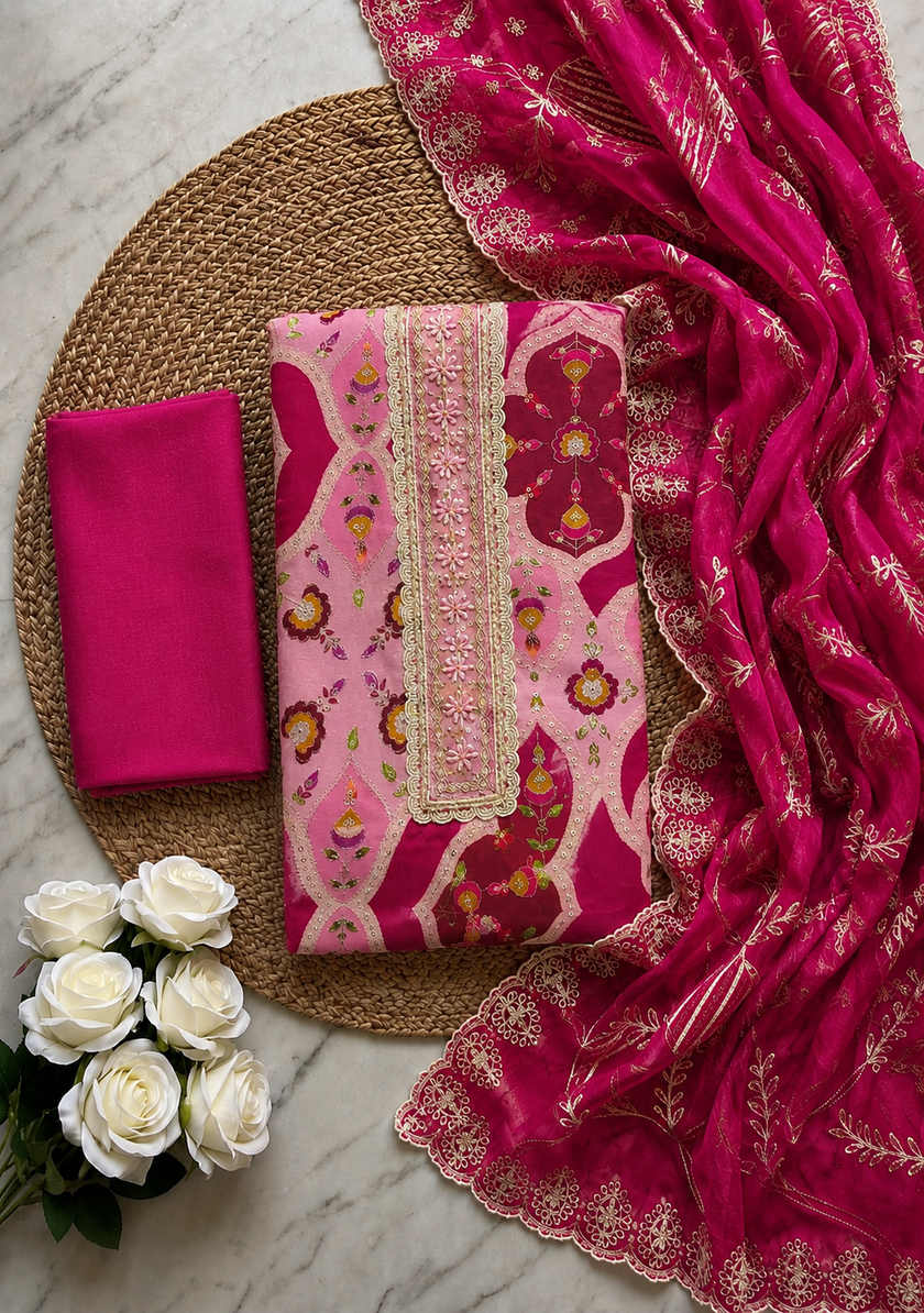Purple and Pink Viscose Silk Unstitched Suit Set