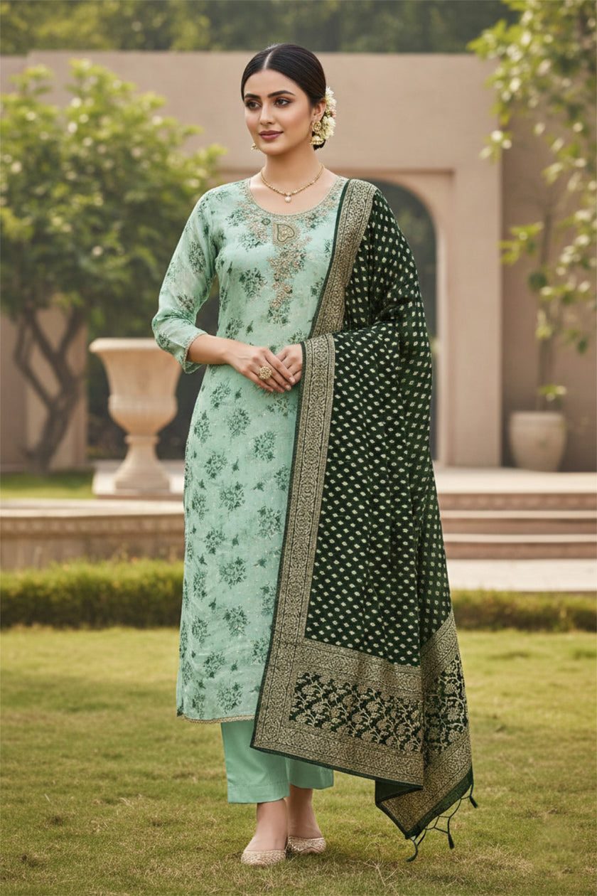 Pista Green Modal Cotton Silk Unstitched suit set