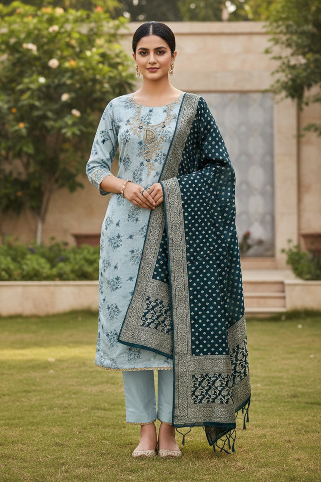 Teal Blue Modal Cotton Silk Unstitched suit set