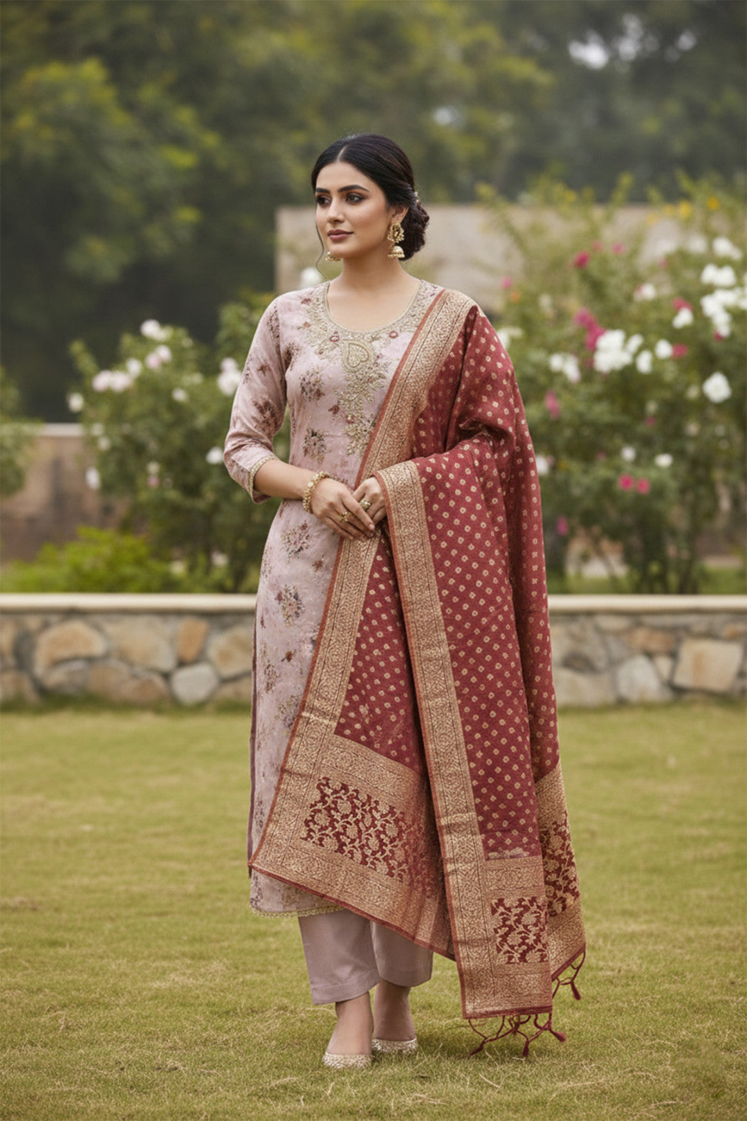 Brown Modal Cotton Silk Unstitched suit set