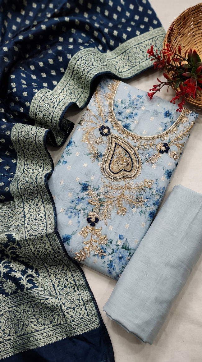 Teal Blue Modal Cotton Silk Unstitched suit set