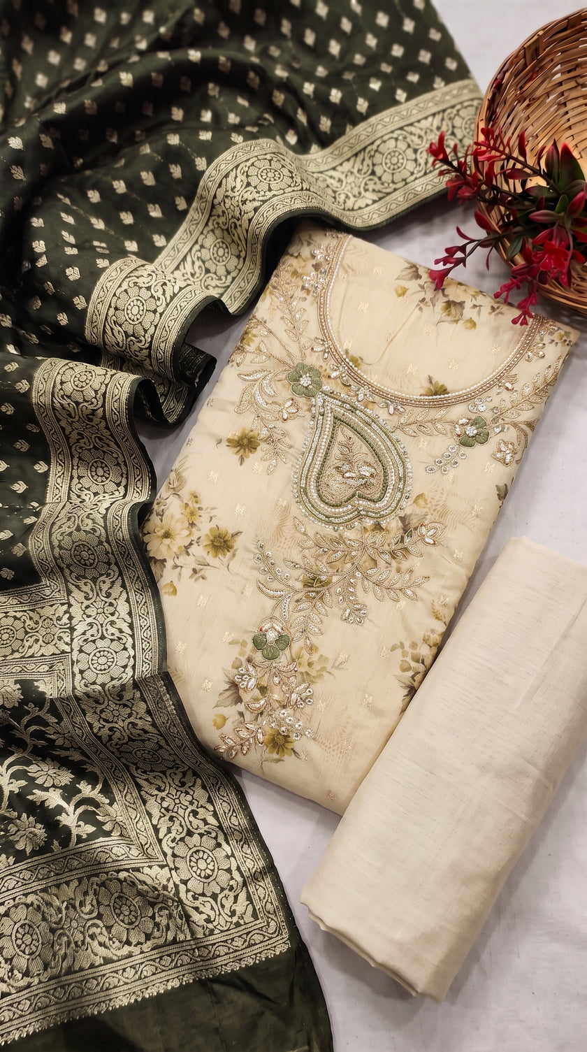 Cream Yellow Modal Cotton Silk Unstitched suit set