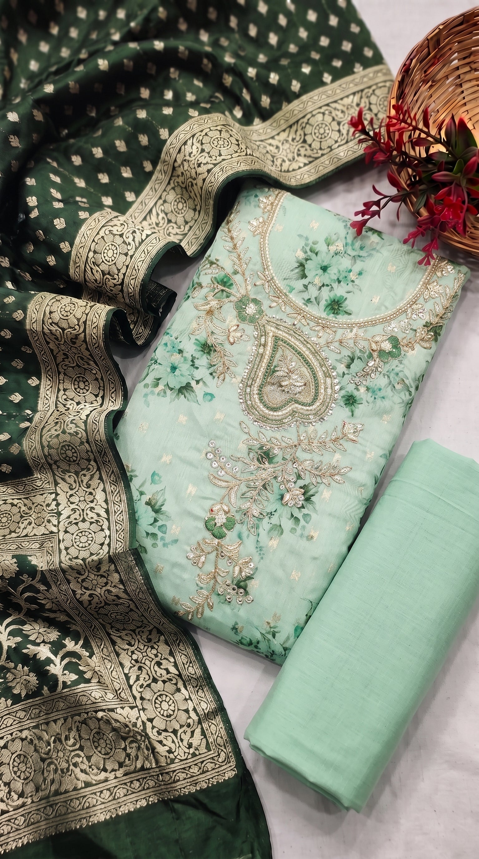 Pista Green Modal Cotton Silk Unstitched suit set