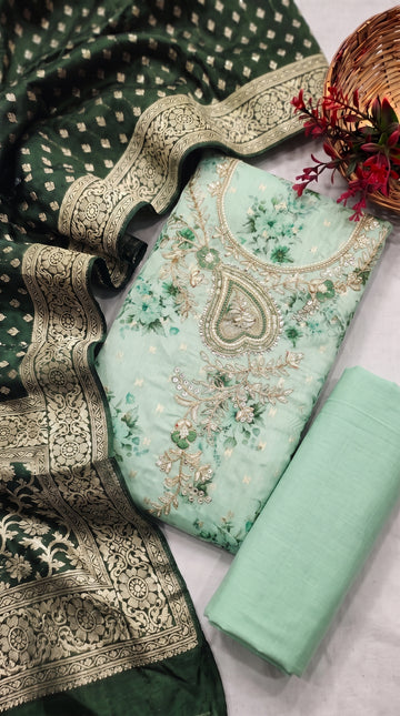 Pista Green Modal Cotton Silk Unstitched suit set