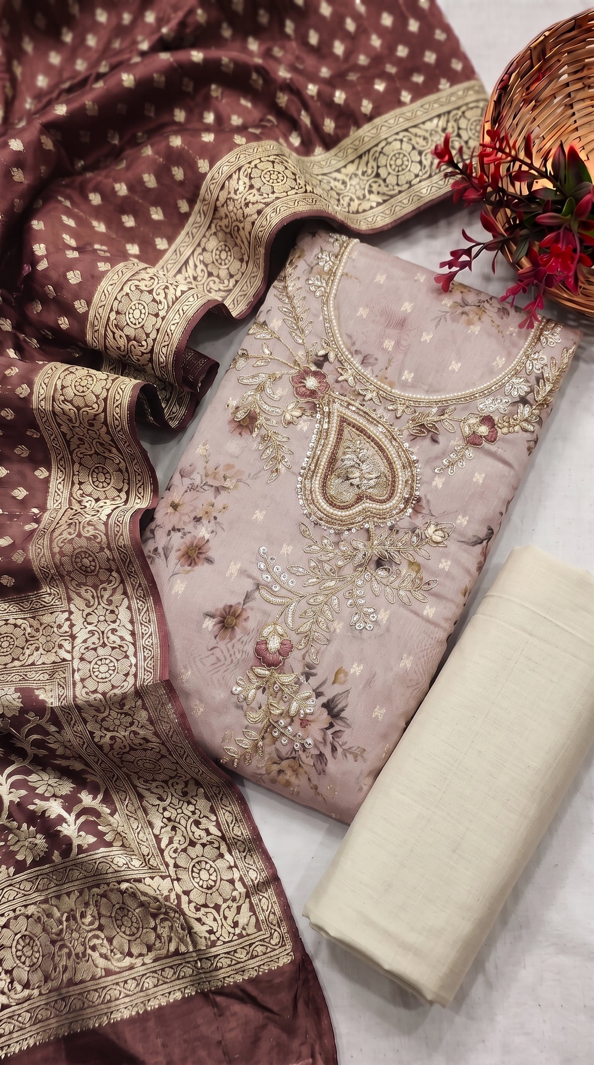 Brown Modal Cotton Silk Unstitched suit set