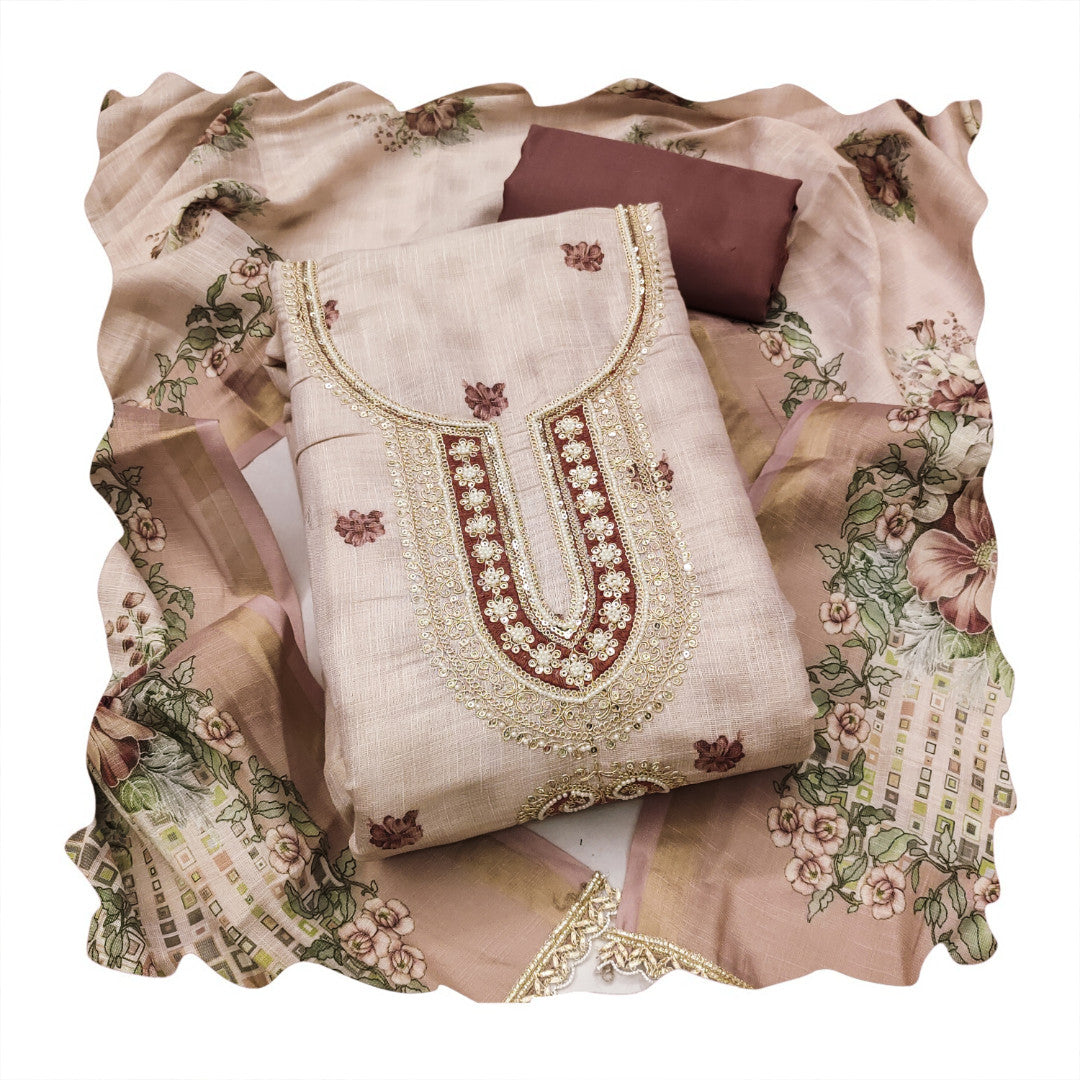 Rose gold Linen Embroidered Unstitched Suit Set