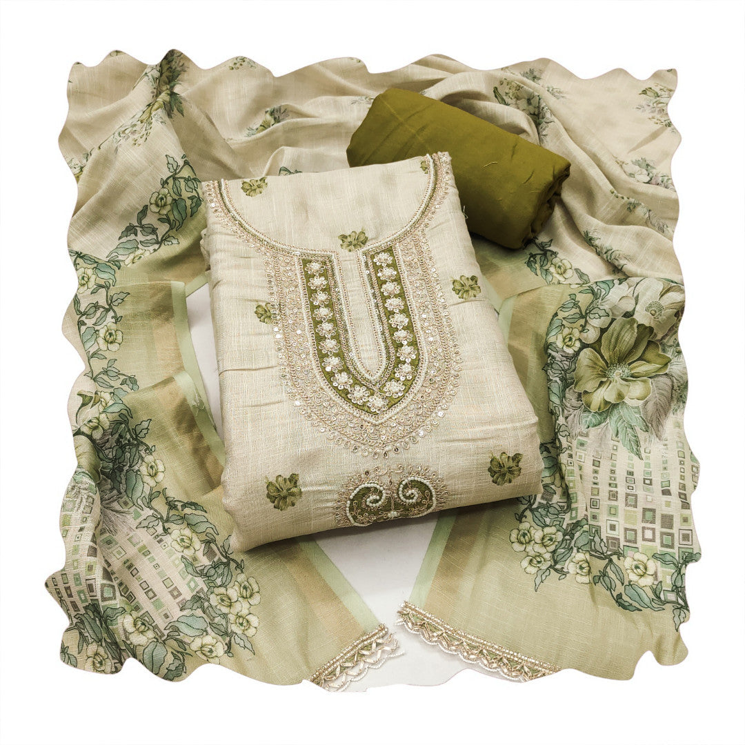 Light Green Linen Embroidered Unstitched Suit Set