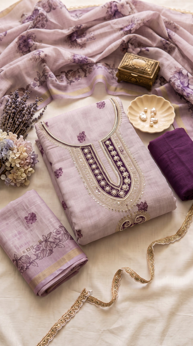Wine Linen Embroidered Unstitched Suit Set