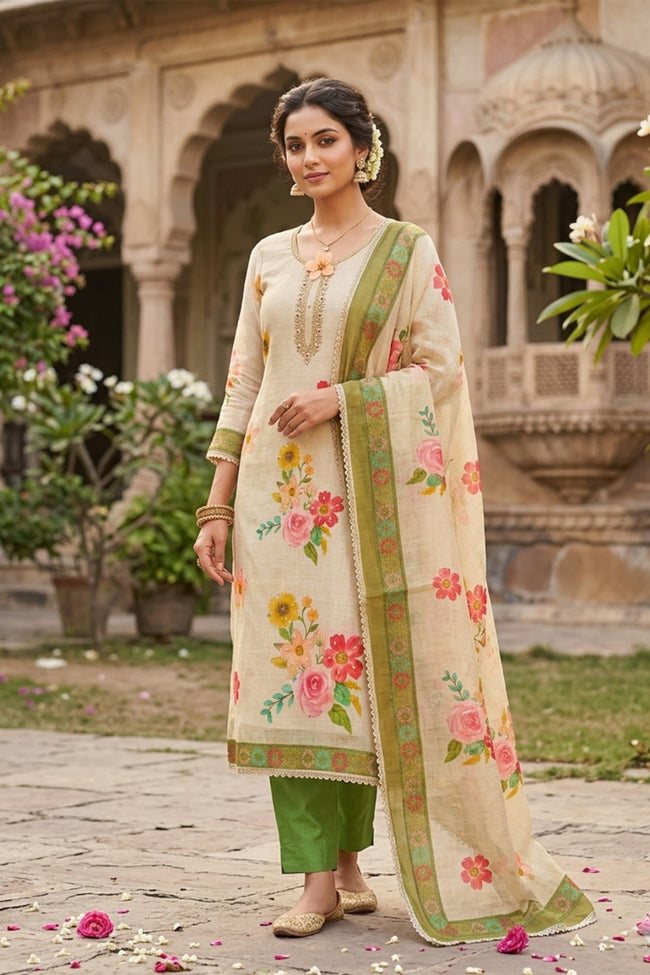 Green - Beige Pure Linen Cotton Unstitched Suit Set