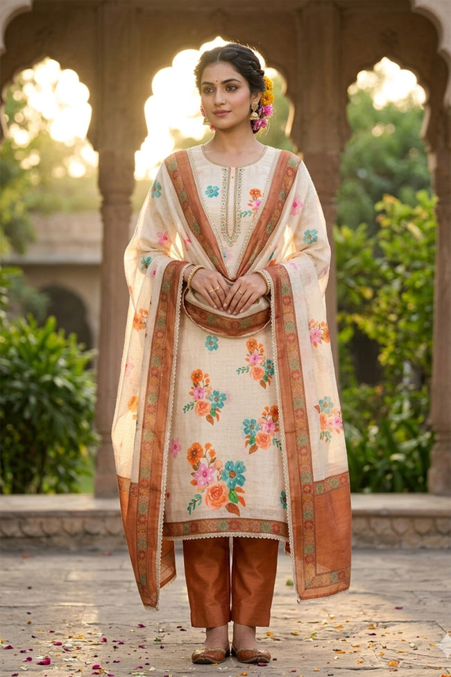 Brown - Beige Pure Linen Cotton Unstitched Suit Set