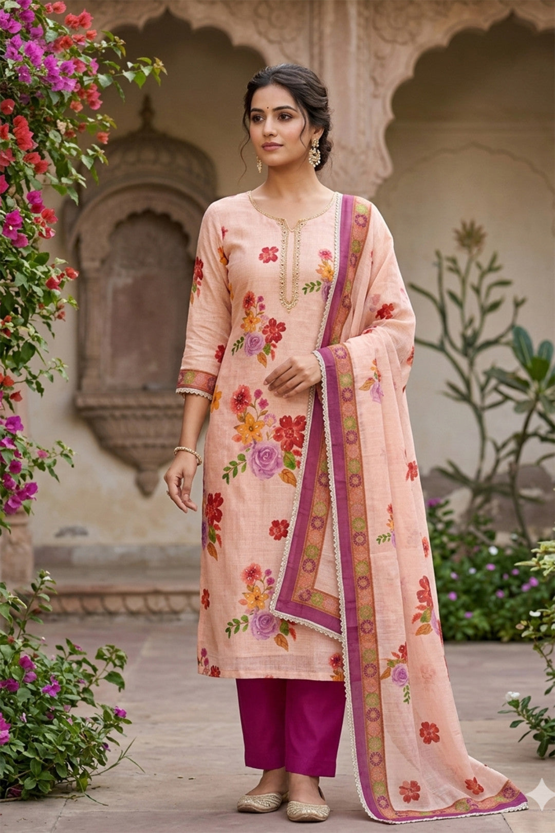 Purple - Beige Pure Linen Cotton Unstitched Suit Set