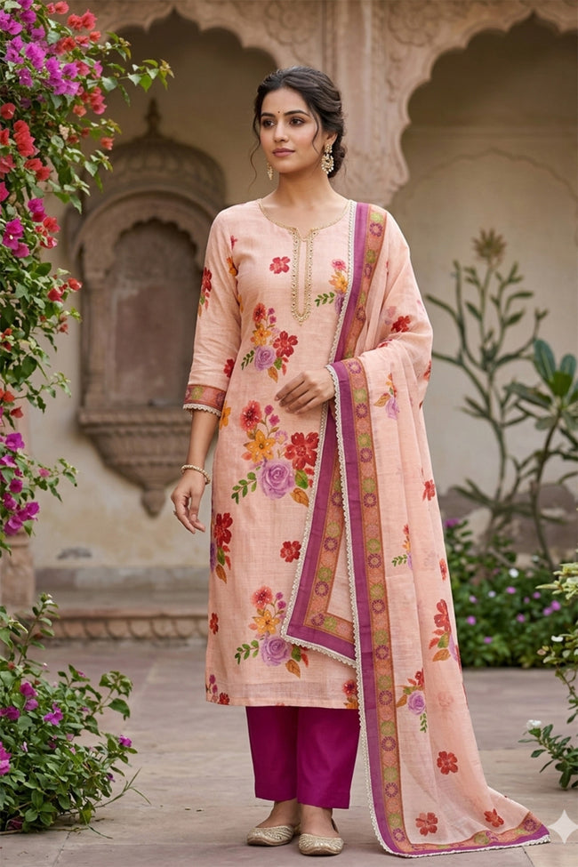 Purple - Beige Pure Linen Cotton Unstitched Suit Set