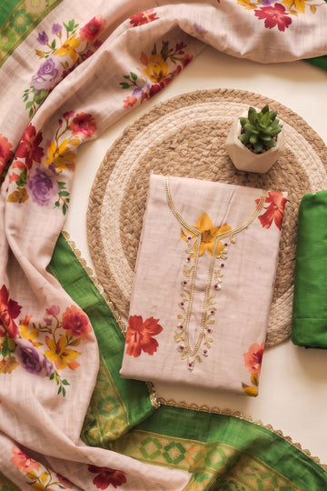 Green - Beige Pure Linen Cotton Unstitched Suit Set