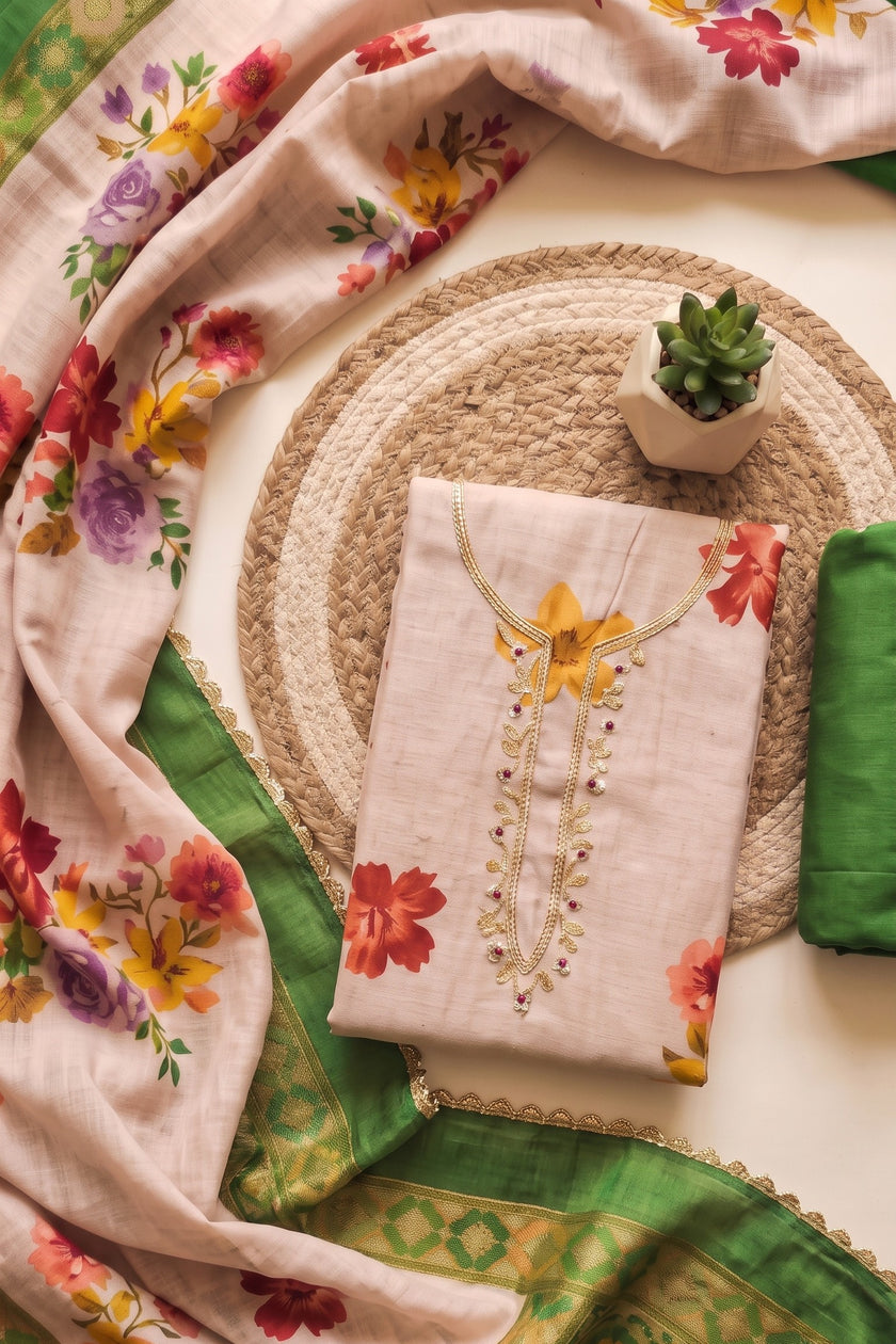 Green - Beige Pure Linen Cotton Unstitched Suit Set