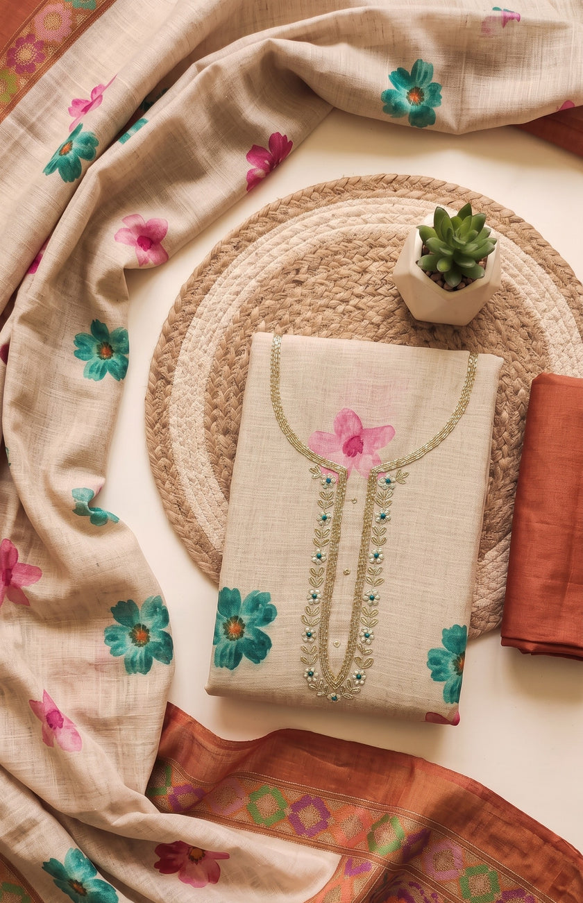Brown - Beige Pure Linen Cotton Unstitched Suit Set