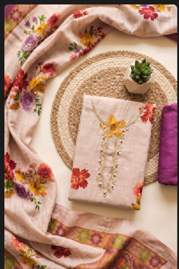 Purple - Beige Pure Linen Cotton Unstitched Suit Set