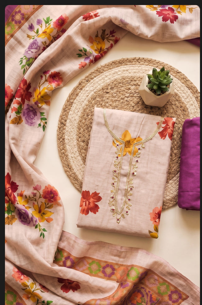 Purple - Beige Pure Linen Cotton Unstitched Suit Set