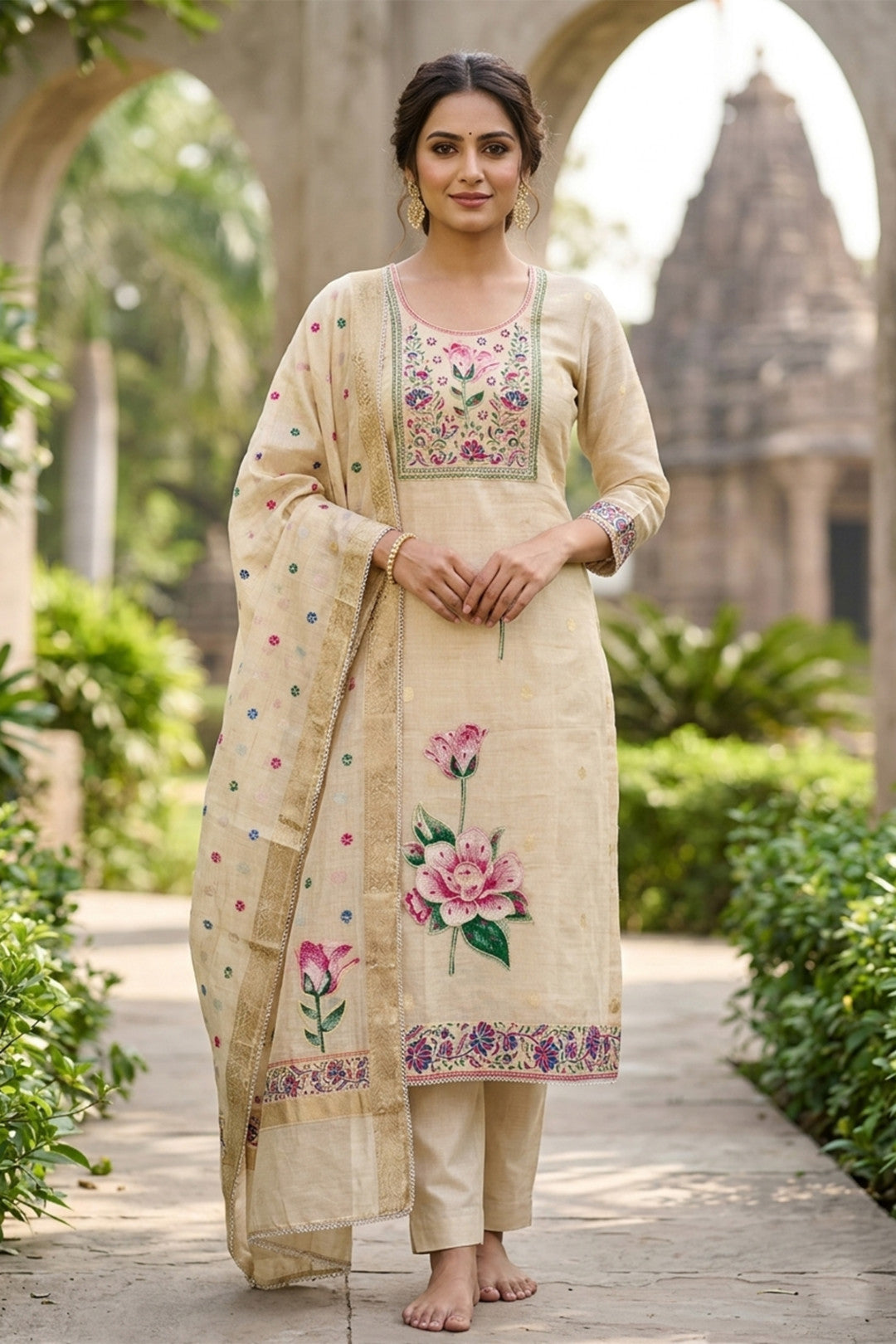 Beige Pure Banarasi Cotton Unstitched Suit Set