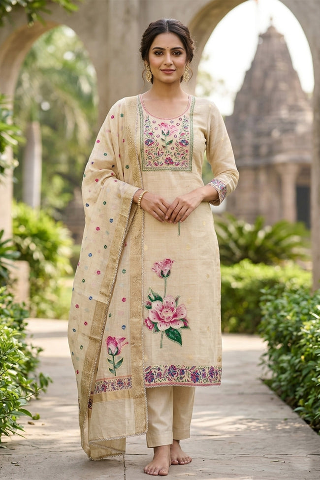 Beige Pure Banarasi Cotton Unstitched Suit Set