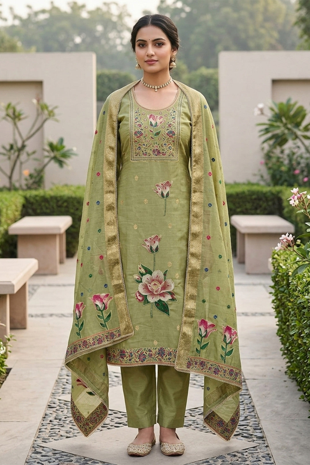 Light Green Pure Banarasi Cotton Unstitched Suit Set
