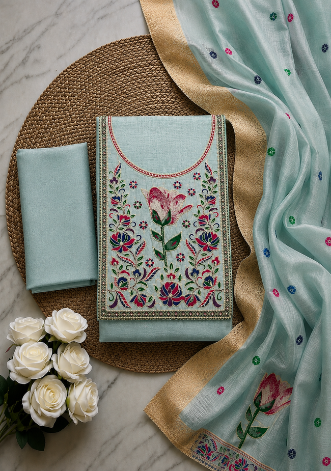 Light Blue Pure Banarasi Cotton Unstitched Suit Set
